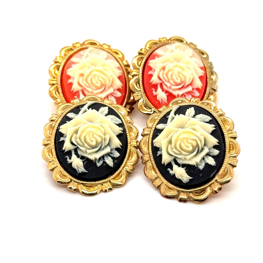 Vintage Rose Cameo Clip On Earrings Set Black Red Gold Tone Floral Victorian